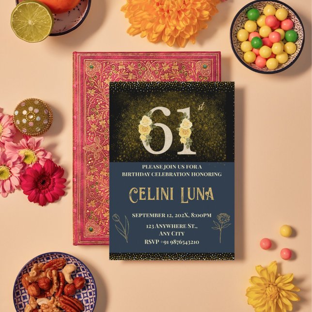 Dourado e preto 61ruas-69º Convites de festas de a (Gold & Black 61st Birthday Invitations)
