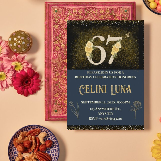 Dourado e preto 61ruas-69º Convites de festas de a (Gold & Black 67th Birthday Invitations)
