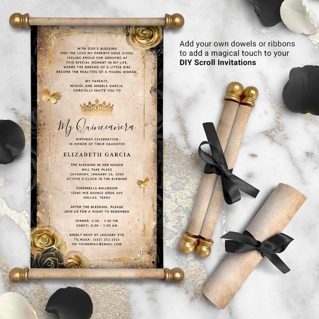 Dourado e preto Quinceanera DIY Scroll Convites (DIY scrolls do not come with dowels. Add your own or roll up with a ribbon for a personalized touch!)