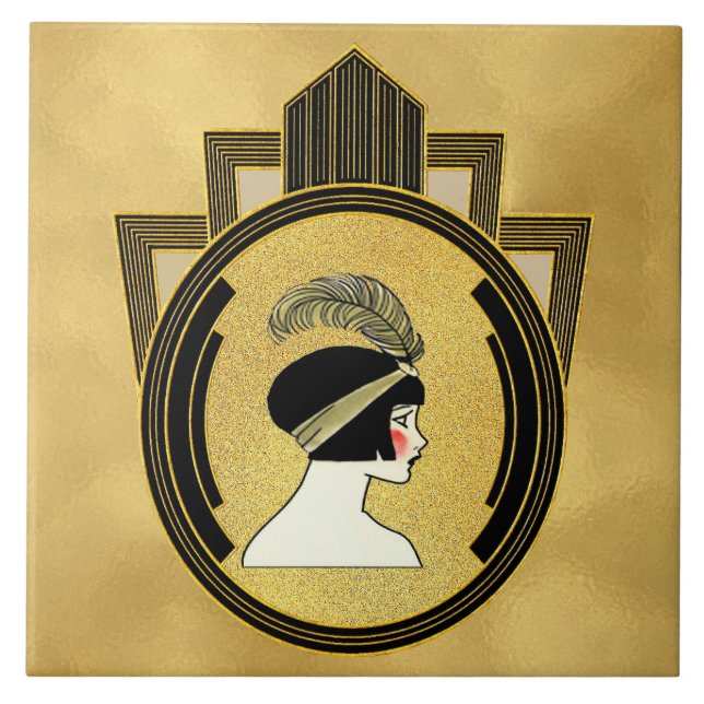 Dourado estilo Art Deco Flapper Azulejo Cerâmica (Frente)
