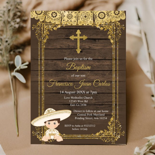 Dourado Fiesta Boy Baptism Christening Convite (Criador carregado)