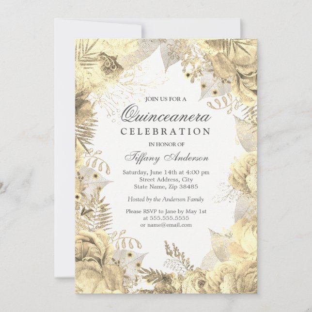 Dourado Fleaf Wreath Quinceanera Convite (Frente)