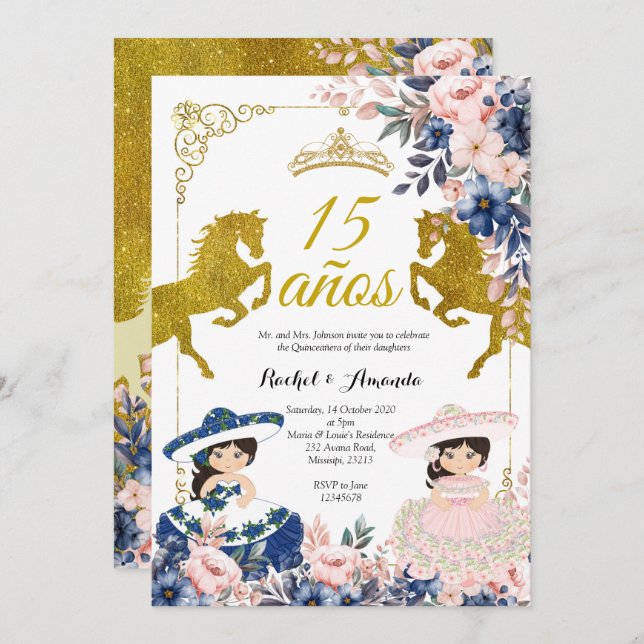 Dourado Floral 15 años Twin Quinceañera Convite (Frente/Verso)