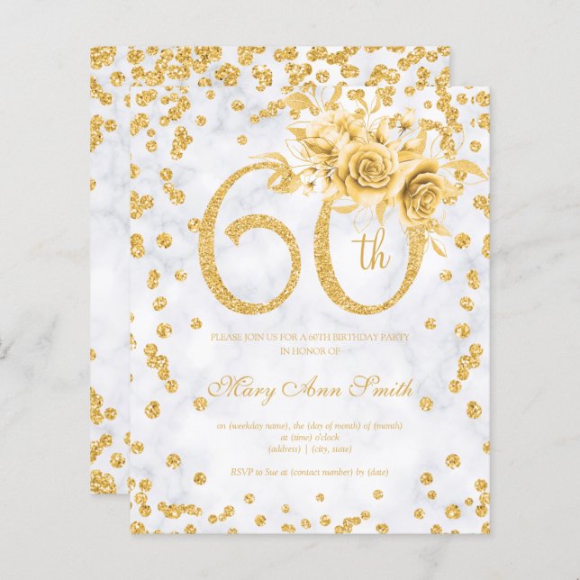 Dourado Floral 60º Aniversário Glam Marble (Frente/Verso)