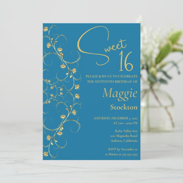 Dourado Floral Borda Sweet 16 Convite (Em pé/Frente)