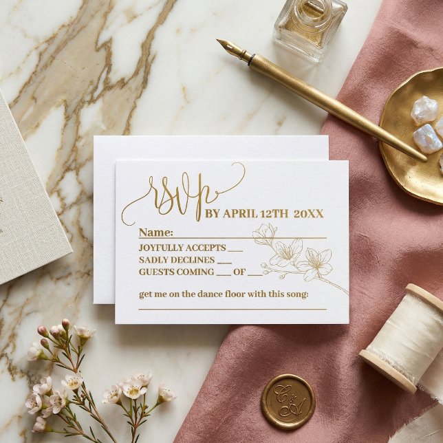 Dourado Floral Script Caprichoso Casamento RSVP |  (Gold Floral Script Whimsical Wedding RSVP | Elegant Bloom Reply Card)