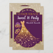 Dourado Glam Roxo Doce 16 Convite de Aniversário