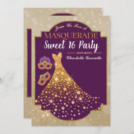 Dourado Glam Roxo Doce 16 Convite de Aniversário