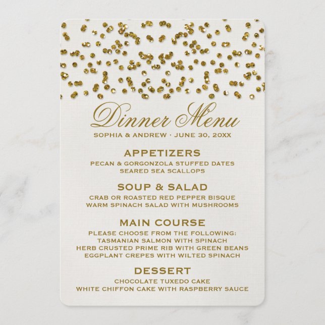 Dourado Glamor Glitter Confetti Menu de Casamento (Frente)