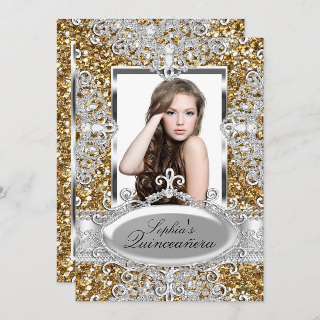 Dourado Glitter Diamond Glamor Quinceanera Convite (Frente/Verso)