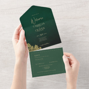 Dourado Lace Emerald Green All-in-1 Convite de cas