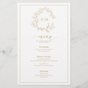 Dourado Leafy Crest Monograma Menu Casamento