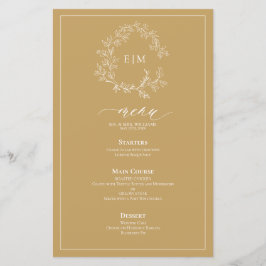 Dourado Leafy Crest Monograma Menu Casamento