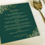 Dourado local no menu de casamento do orçamento ve<br><div class="desc">Esses lindos menus de casamento são simples,  elegantes e na moda,  enquanto ainda são amigáveis e baratos. Eles apresentam um design elegante e glamouroso com um lugar de folha de alumínio falso ouro e caligrafia de script em um fundo verde esmeralda. O fundo é uma bela cor dourada marmoreada.</div>