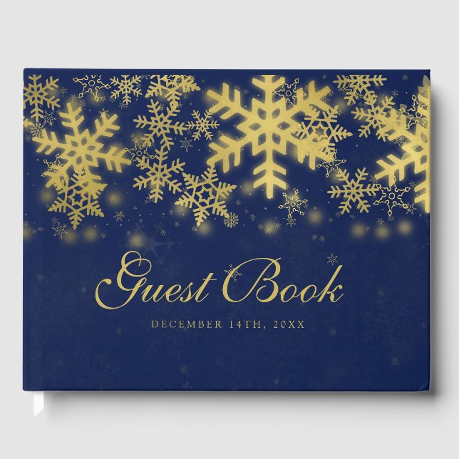 Dourado + Marinho Blue Snowflakes Livro de Natal (Frente)