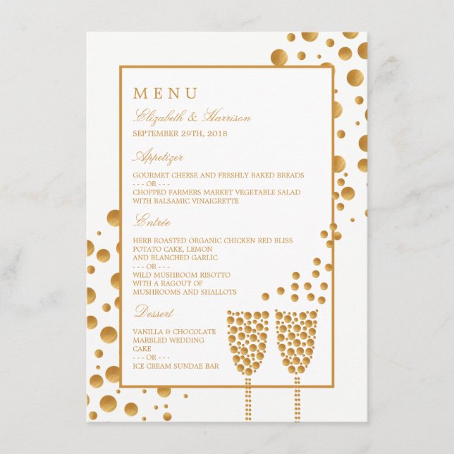 Dourado Menu de Casamento de Bolhas de Champanhe (Frente)