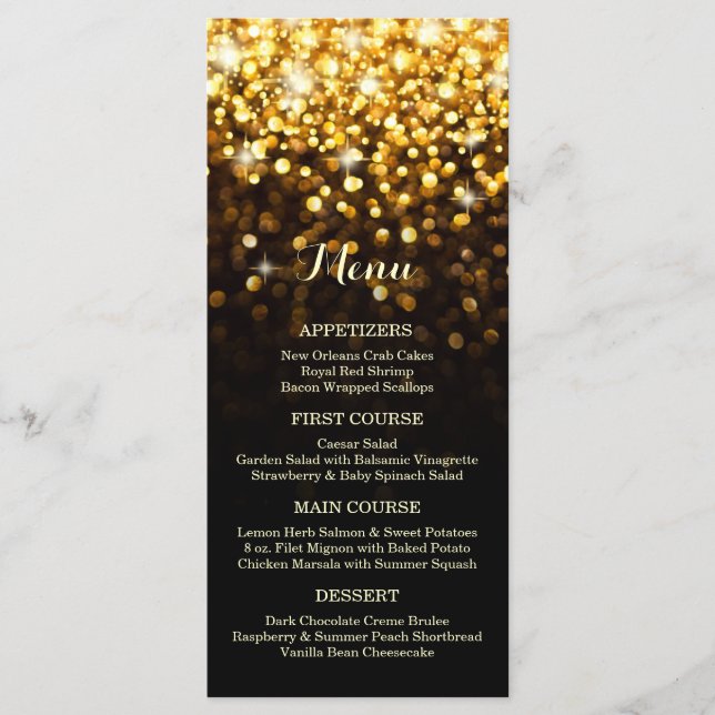 Dourado Menu de Casamento Glitz Negro Hollywood (Frente)