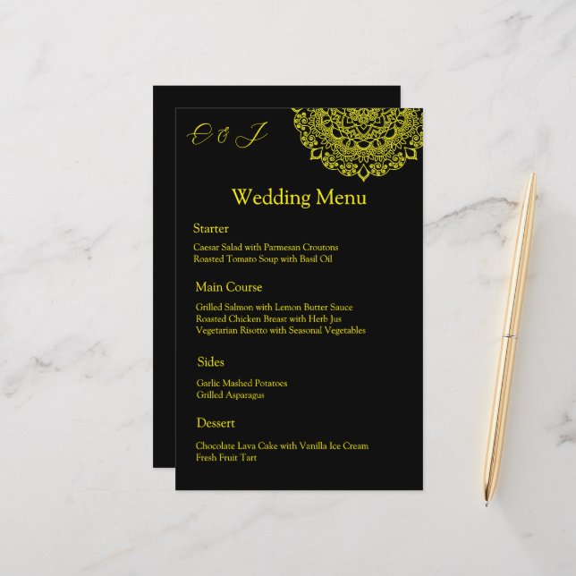 Dourado menu de casamento preto mandala (Frente/Verso In Situ)