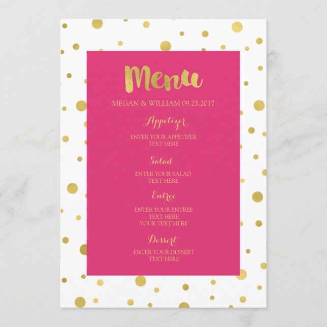 Dourado Menu de Casamento Rosa Quente Confetti Fuc (Frente)