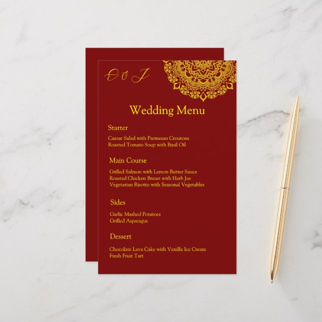 Dourado menu de casamento vermelho mandala (Frente/Verso In Situ)