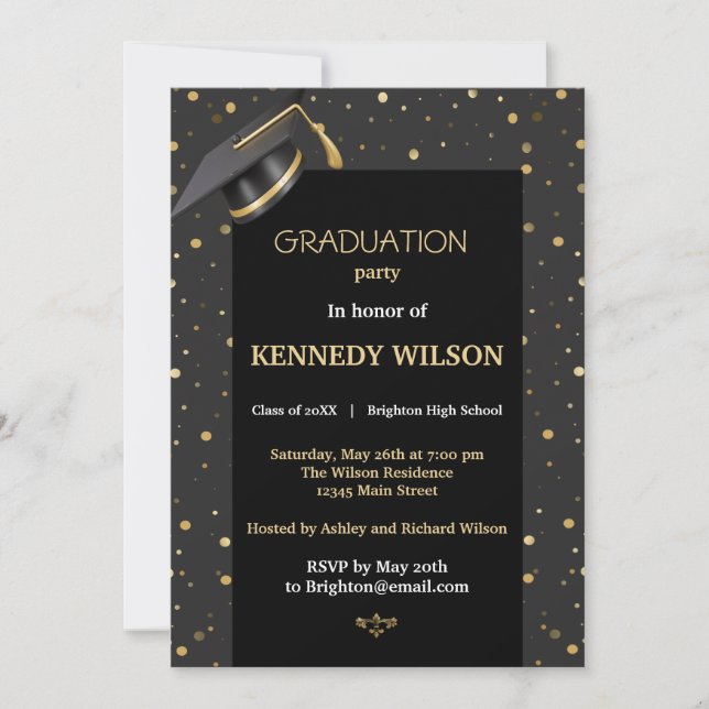 Dourado Moderno Sparkles Formando Convite Preto (Frente)