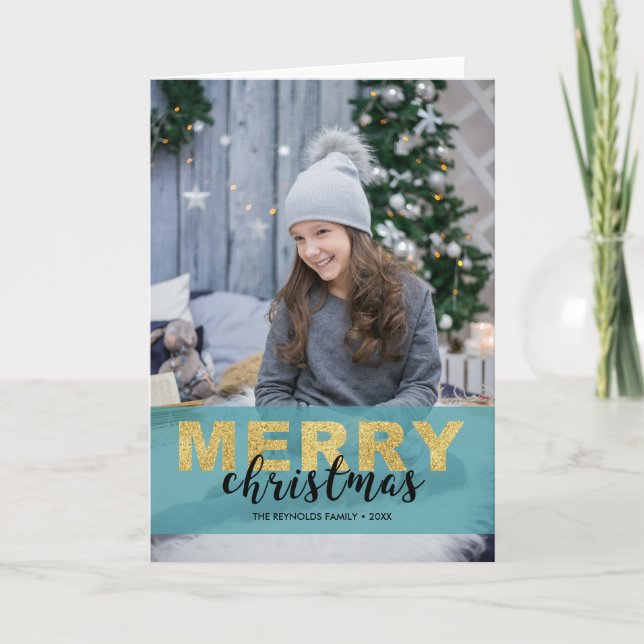 Dourado Natal Azul Moderno - Cartão com fotos (Frente)