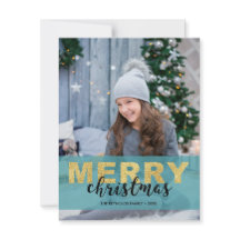 Dourado Natal Azul Moderno - Cartão com fotos