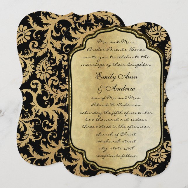 Dourado no Convite ao Casamento tema damasco Black (Frente/Verso)
