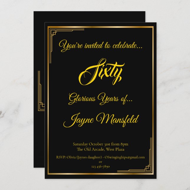 Dourado no Convite de aniversário Deco de Arte Neg (Frente/Verso)