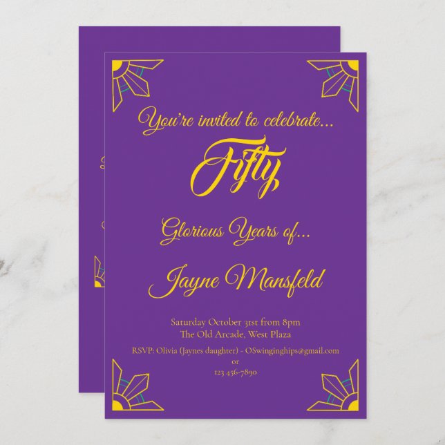 Dourado no Convite de aniversário Roxo Real (Frente/Verso)