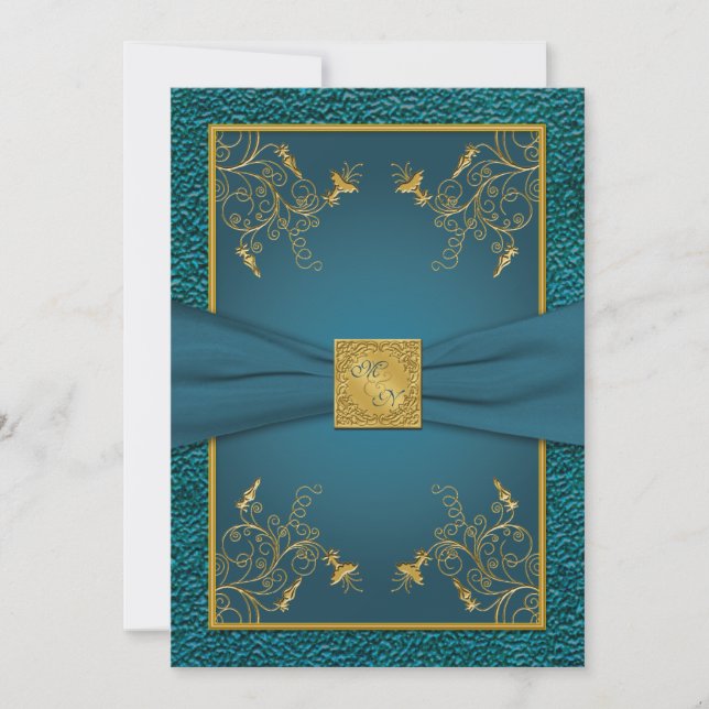 Dourado no Convite para Casamento de Teal Monogram (Frente)