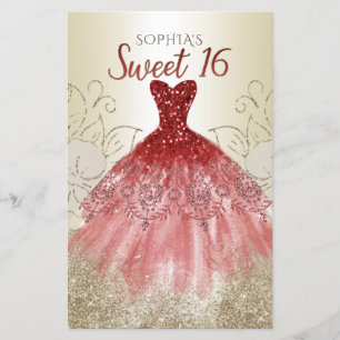 Dourado Orçamento Vestido Vermelho Doce 16 Convite