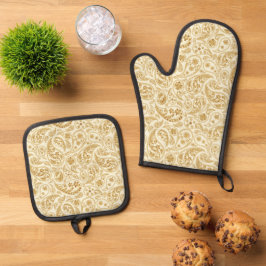 Dourado Paisley Oven Mitt Um ou Set