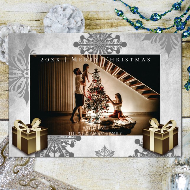 Dourado presente de Natal e Cartão com fotos de fl (Gold Christmas Gifts and Snowflakes Holiday Photo Card)