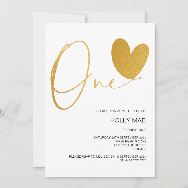 Dourado primeiro aniversario Convite Um Coração De (Frente)