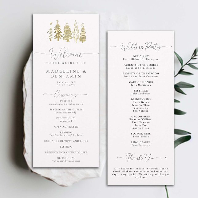 Dourado Programa de Casamento Moderno das Árvores  (winter christmas tree botanical wedding ceremony program elegant modern classic black white gold)