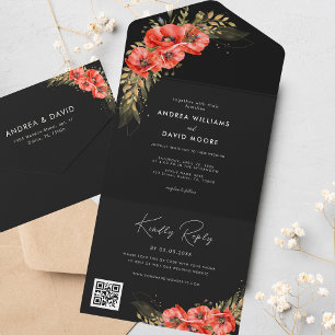 Dourado Red Poppy Floral Fall Código QR Casamento