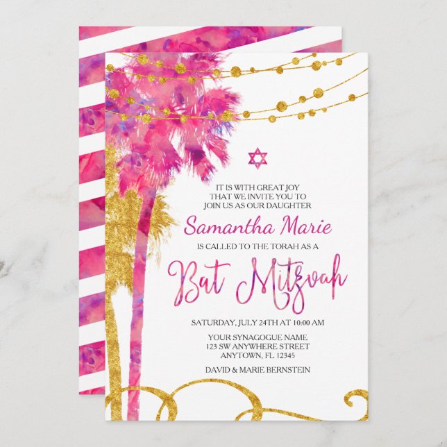 Dourado Rosa Watercolor Beach Bat Mitzvah Convites (Frente/Verso)