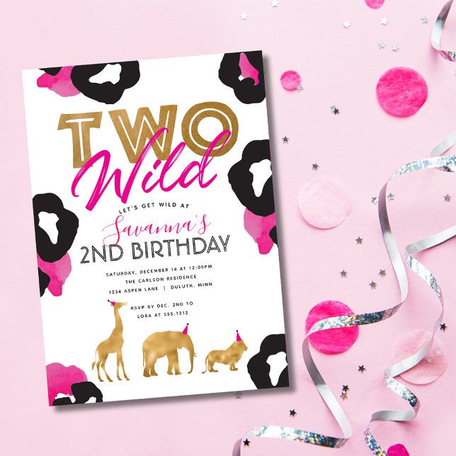 Dourado Safari Rosa Dois Convite de Aniversário Se (Pink Faux Gold Safari Two Wild Birthday Invitation)