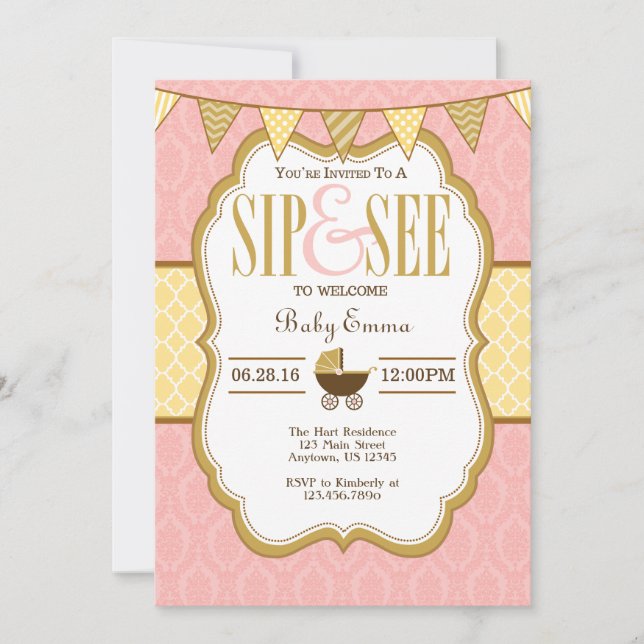 Dourado Sip Amarelo Cor-De-Rosa E Ver Convite (Frente)