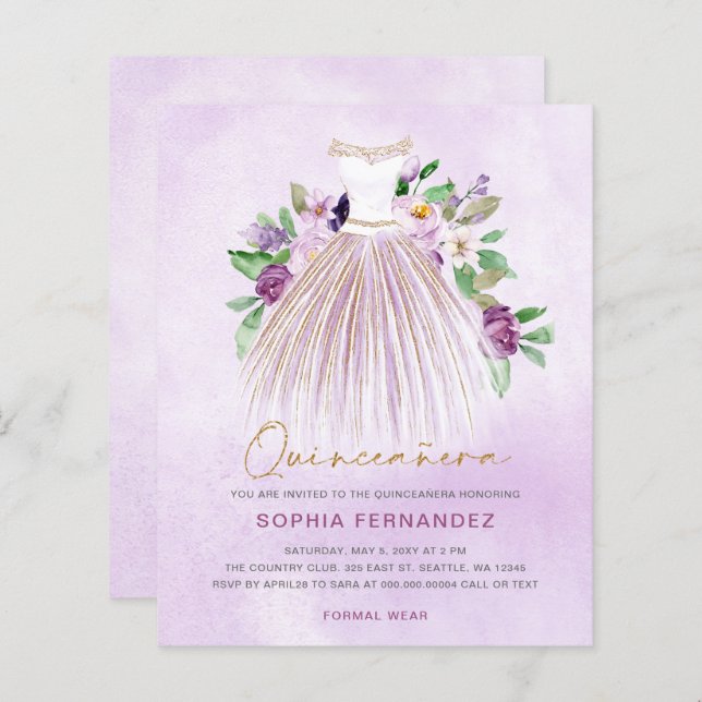 Dourado Sujeito Roxo Quinceañera Convite (Frente/Verso)