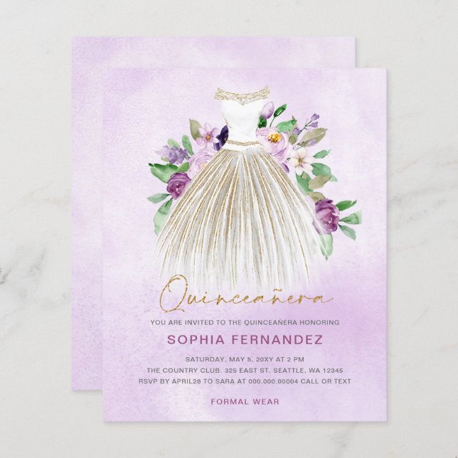 Dourado Sujeito Roxo Quinceañera Convite (Frente/Verso)