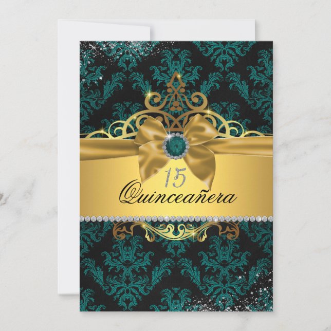Dourado Teal Damask Quinceanera Convite (Frente)