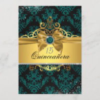 Dourado Teal Damask Quinceanera Convite