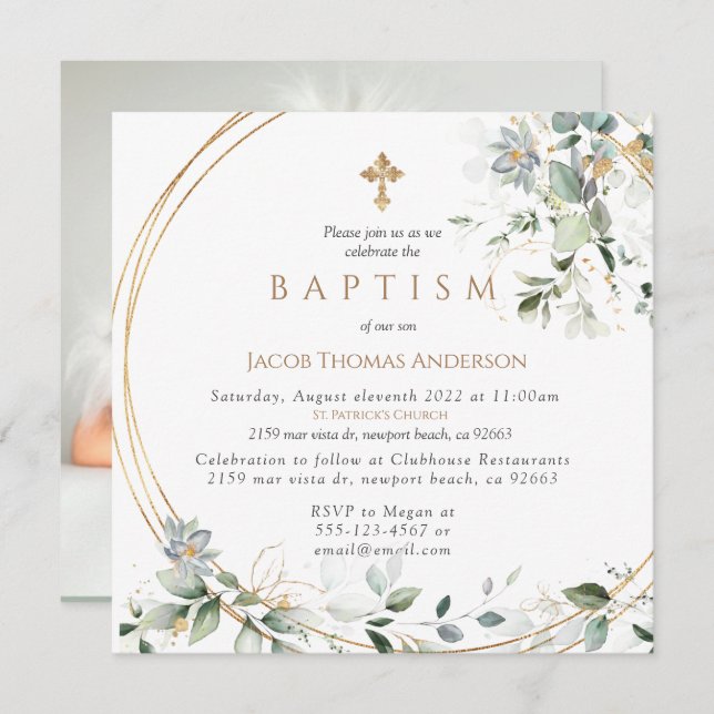 Dourado Verde Eucalyptus Boy Convite para Batismo (Frente/Verso)