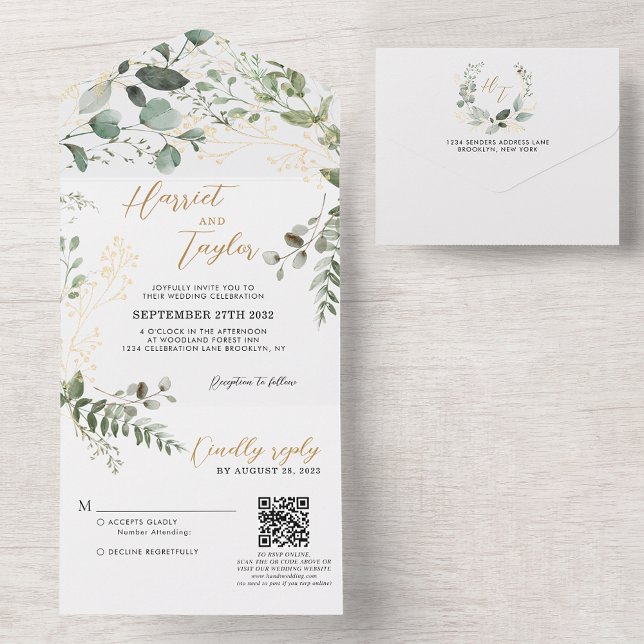 Dourado Verde Eucalyptus Monograma Código QR Casam (Criador carregado)
