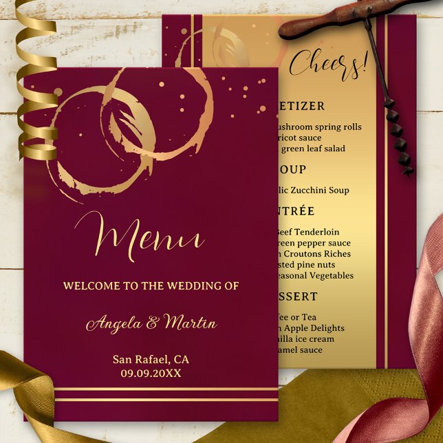 Dourado Vinho, Confetti, Menu de Casamento (Wine themed wedding  menu featuring gold intersecting wine stains and sparkles on burgundy marsala)