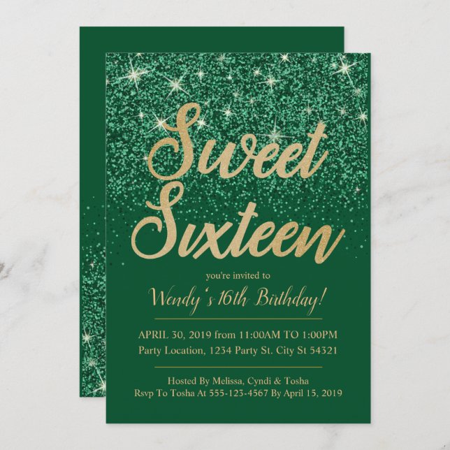 Dourados Convites de Aniversário do Emerald Sweet  (Frente/Verso)