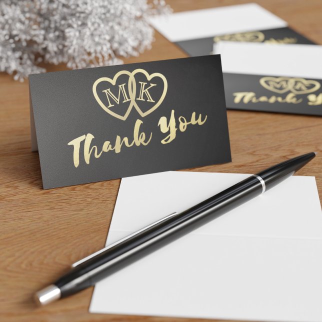 Dourados Negra Mini Casamento Obrigado Cartões (Mini thank you cards with space for your initials in the gold hearts)