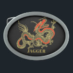 Dragão Chinês de Fantasia Dourada Vermelha<br><div class="desc">Um dragão chinês preto feroz esboçado em ouro decora este item. Os sotaques vermelhos destacam a mandíbula,  a cabeça e a coluna do dragão. Seu nome está escrito em negrito dourado abaixo.</div>